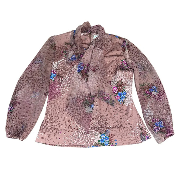 Vintage Tops - Vintage 60’s Floral Polyester PussyBow Blouse Size 10